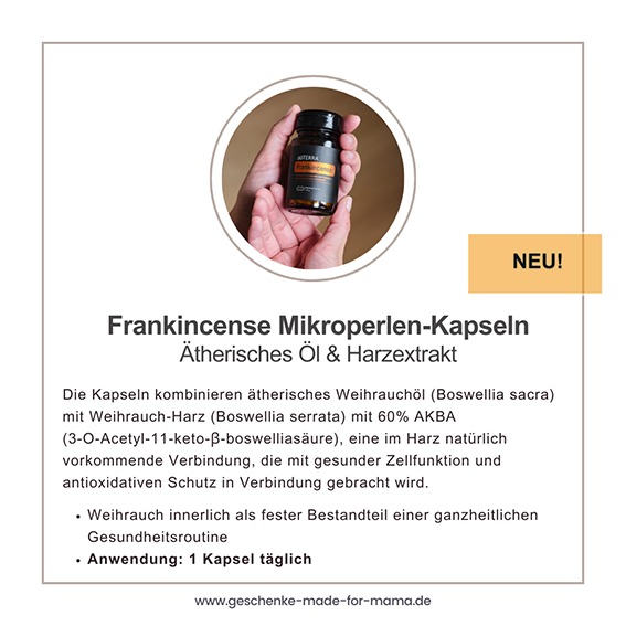Bild der doTERRA Frankincense Mikroperlen-Kapseln mit ätherischem Öl aus Boswellia sacra und Weihrauch-Harzextrakt aus Boswellia serrata mit 60% AKBA zur Unterstützung gesunder Zellfunktion und antioxidativem Schutz.