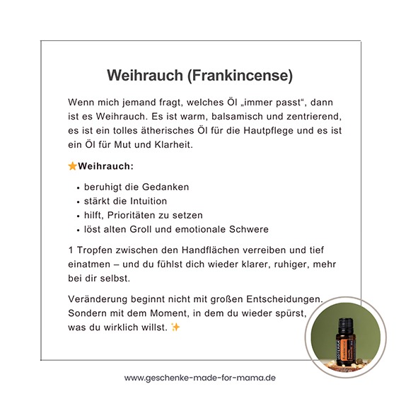 doTERRA Frankincense Weihrauch – ätherisches Öl für Klarheit, Mut und emotionale Balance, Textgrafik mit Anwendungstipps und beruhigendem Hinweis auf Zentrierung
