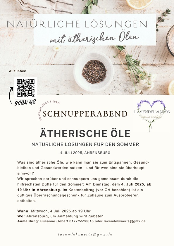 Ankuendigung-aetherische-Oele-Schnupperabend-Ahrensburg ätherische Öle Infoabend Ahrensburg Geschenke made for Mama