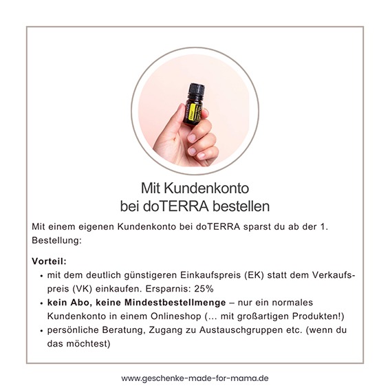 Bestellung von doTERRA ätherischen Ölen mit Kundenkonto. Kundinnen erhalten 25 % Rabatt auf alle Produkte, ohne Mindestbestellmenge oder Abo doTERRA ätherische Öle mit Kundenkonto direkt bestellen und 25 % sparen