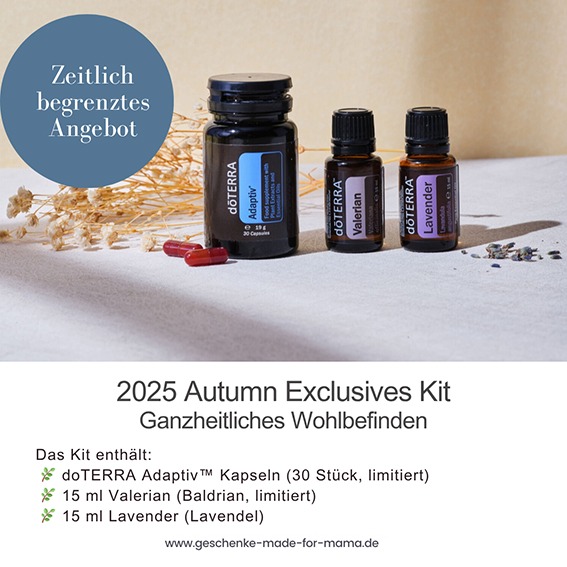 doTERRA Angebote Oktober 2025 – Autumn Exclusives Kit mit Adaptiv, Valerian und Lavendel doTERRA Autumn Exclusives Kit 2025 mit Adaptiv Kapseln, ätherischem Valerianöl und Lavendelöl – exklusives Herbstangebot für ganzheitliches Wohlbefinden