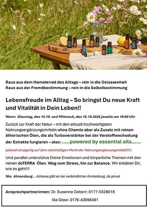 Ätherische Öle Infoabend Ahrensburg 14. und 15. Oktober Einladung zum kostenlosen Infoabend in Ahrensburg über ätherische Öle und Nahrungsergänzungsmittel