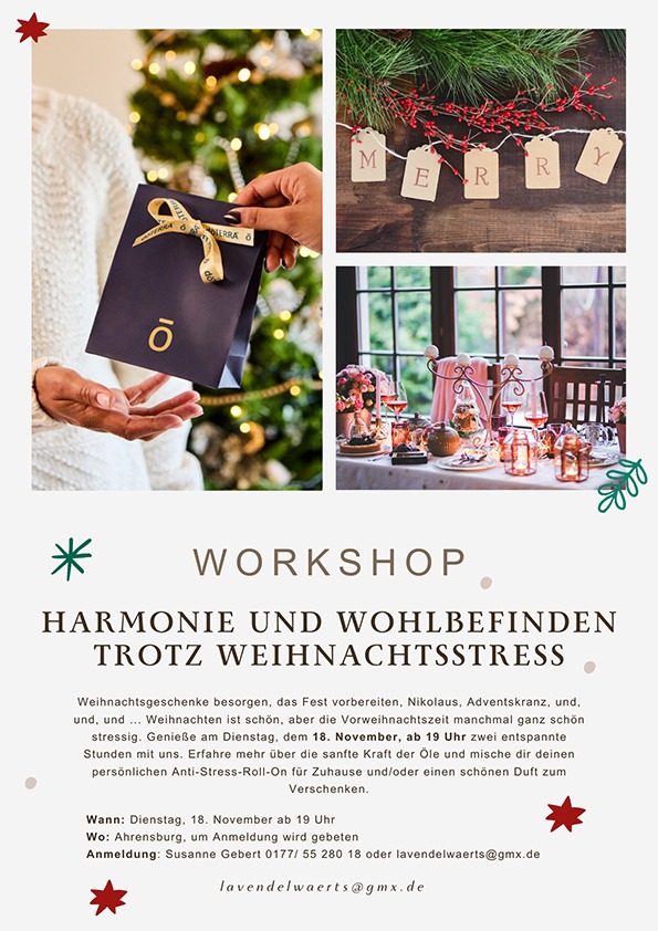 Harmonie und Wohlbefinden trotz Weihnachtsstress – Workshop mit ätherischen Ölen Entspannt mit ätherischen Ölen in der Vorweihnachtszeit – Workshop für Harmonie und Wohlbefinden trotz Weihnachtsstress in Ahrensburg
