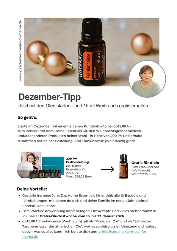 doTERRA Dezember Promotion: 15 ml Weihrauch gratis bei Treuebestellung ab 200 PV – Geschenke made for Mama